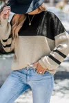 Cupshe Brown & Black Colorblock Long Puff Sleeve Sweater