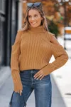 Cupshe Brown Cable Knit Cutout Shoulder Sweater In Brown