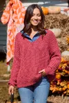 Cupshe Burgundy V-neck Puff Sleeve Sweater In Multi
