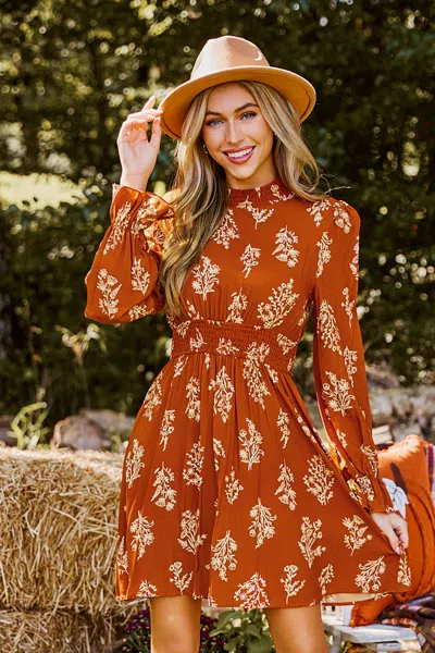 Cupshe Burnt Orange Floral Blouson Sleeve Mini Dress