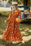 Cupshe Burnt Orange Floral Blouson Sleeve Smocked Waist Maxi Dress In Orange