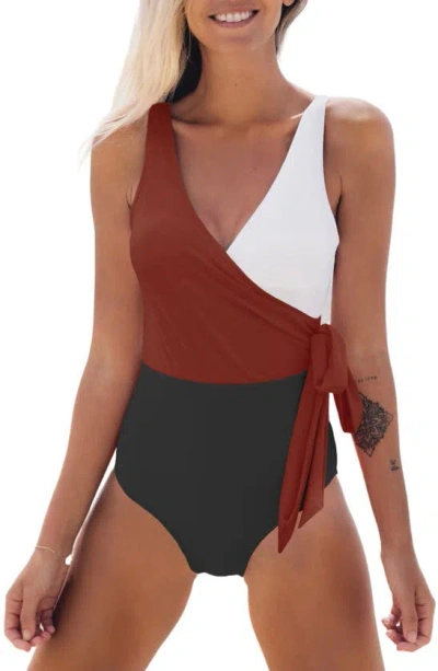 Cupshe Colorblock Side Knot One-piece Swimsuit In Red Brick Multi