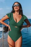 Cupshe Emerald Flutter Sleeve Tummy Control One-piece In Green