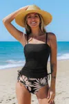 Cupshe Escaping Ruched Tankini Top & Tropical High-waisted Bottoms Set In Black