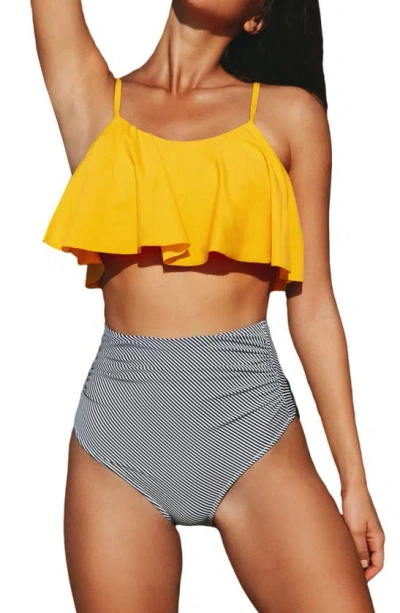 Cupshe Falbala Two-piece Tankini Swimsuit In Yellow Multi