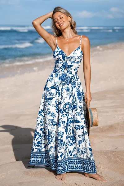 Cupshe Floral Sweetheart Twist & Keyhole Maxi Dress In Blue