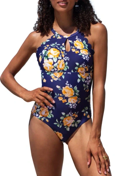 Cupshe Floral Tummy Control One-piece Swimsuit In Dark Blue Multi