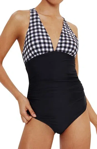 Cupshe Gingham Ruched One-piece Swimsuit In Black/white