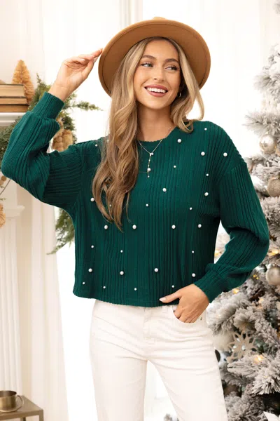 Cupshe Green Ribbed Faux Pearl Long Sleeve Sweater