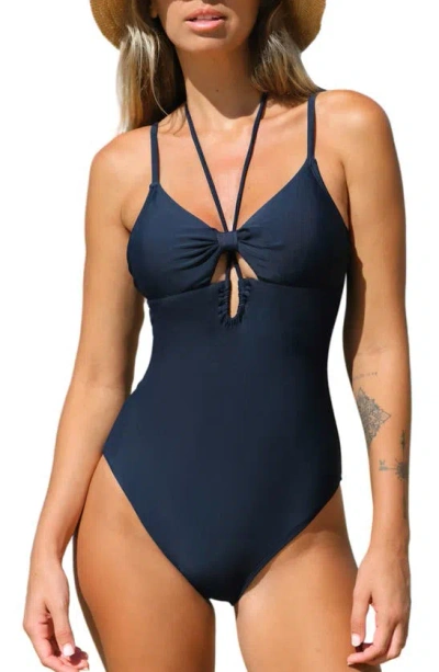 Cupshe Halter Neck Cutout Front Ruched One-piece Swimsuit In Navy