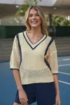 Cupshe Khaki Colorblock Half Sleeve Open Knit Sweater In Neutral