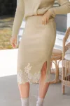 Cupshe Khaki Lace Trim Midi Sweater Skirt In Neutral