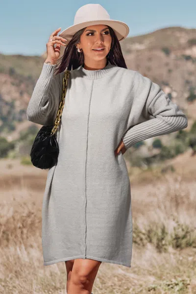 Cupshe Khaki Mockneck Long Sleeve Mini Sweater Dress In Gray