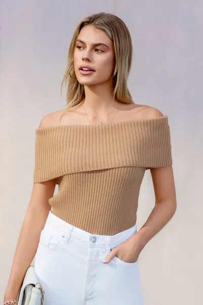 Cupshe Khaki Ribbed Knit Foldover Off-shoulder Top In Brown