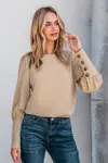 Cupshe Khaki Round Neck Puff Sleeve Back Button Blouse In Brown