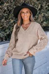 Cupshe Khaki V-neck Crochet Sleeve Sweater In Multi