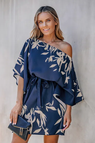 Cupshe Leaf Print One-shoulder Belted Dress In Blue