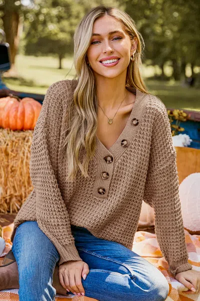 Cupshe Light Brown V-neck Long Sleeve Henley Sweater