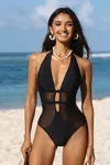 Cupshe Mesh Plunging Halter One Piece Swimsuit In Black