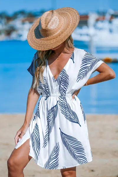 Cupshe Navy & White Palm Leaf Dolman Sleeve Mini Cover-up In Multi