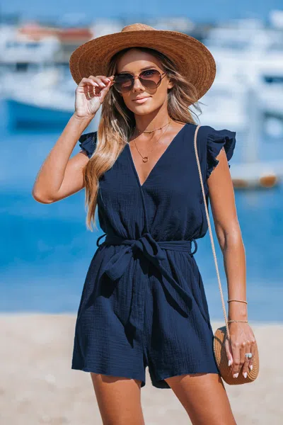 Cupshe Navy Surplice Flutter Sleeve Romper In Dark Navy