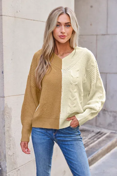 Cupshe Neutral Colorblock Puff Sleeve Cable Knit Sweater In Brown