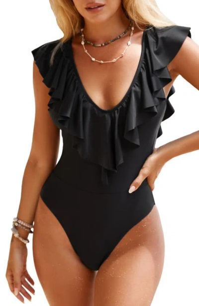 Cupshe Onyx Ruffle Scoop Neck One-piece Swimsuit In Black