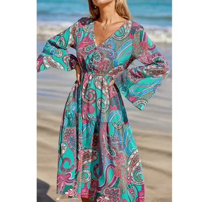 Cupshe Paisley Bell Sleeve Resort Midi Dress In Blue In Multi