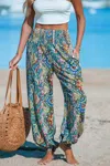 Cupshe Paisley Smocked Waist Tapered Leg Cover-up Pants In Blue