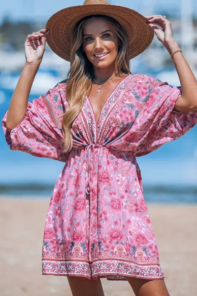 Cupshe Pink Floral Plunging Blouson Sleeve Mini Dress