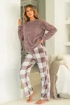 Cupshe Pink Fuzzy Knit Sweater & Plaid Pants Pajama Set In Multi