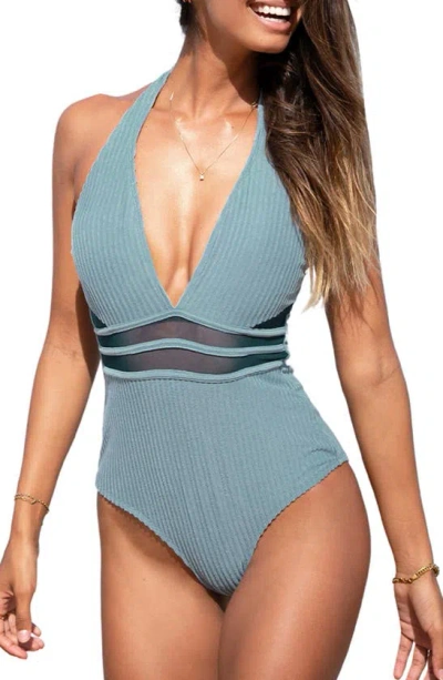 Cupshe Plunge Neck Mesh Inset One-piece Swimsuit In Blue