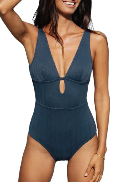 Cupshe Plunge Neck Rib One-piece Swimsuit In Navy