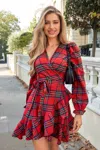 Cupshe Red Plaid Blouson Sleeve Ruffle Cuff Wrap Mini Dress In Multi
