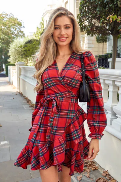 Cupshe Red Plaid Blouson Sleeve Ruffle Cuff Wrap Mini Dress