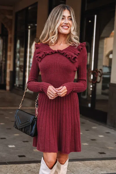 Cupshe Red Ruffle Collar Long Sleeve Mini Sweater Dress In Burgundy