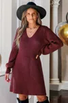 Cupshe Red V-neck Gigot Sleeve Sweater Dress In Burgundy