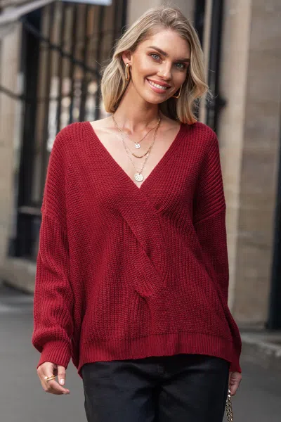 Cupshe Red V-neck Long Sleeve Braided Sweater In Burgundy