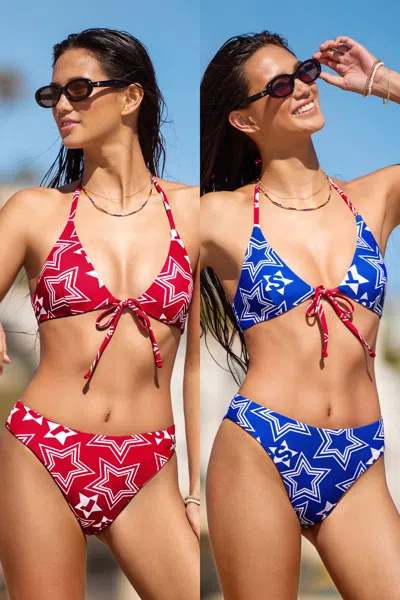 Cupshe Red White & Blue Reversible Bikini Set In Animal Print