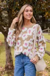 Cupshe Round Neck Long Sleeve Boucle Floral Sweater In Neutral