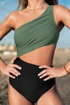 Cupshe Serene Colorblock One-shoulder Cutout One-piece In Green