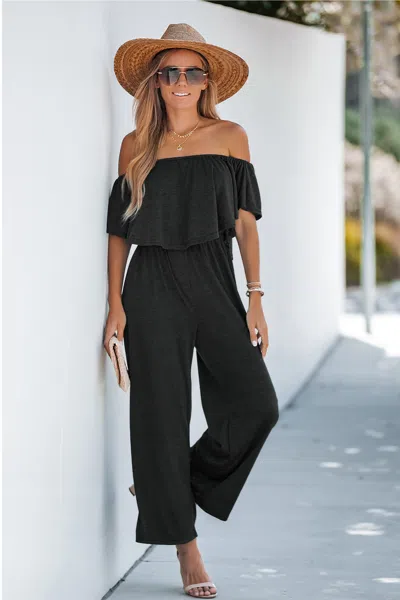 Cupshe Short Sleeve Off-the-shoulder Jumpsuit In Black