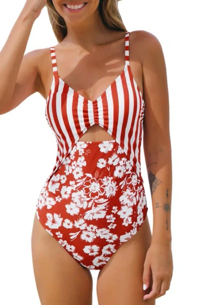 Cupshe Silhouette Bloom Ruched Drawstring One-piece Swimsuit In Red