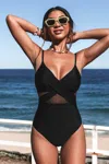 Cupshe Solid Mesh Wrap Front Cutout Black One Piece Swimsuit In Black