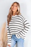 Cupshe Striped Round Neck Long Sleeve Knit Sweater In White