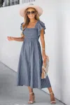Cupshe Striped Smocked Ruffle Sleeve Dress In Blue