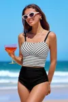 Cupshe Striped Square Neck Tankini Top & High-waisted Bottoms Set In Black