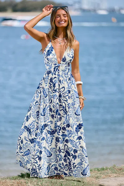 Cupshe Sunset Basking Floral Maxi Dress In Blue