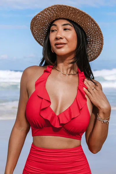 Cupshe Super Bloom Red Halter Ruffled Bikini Top
