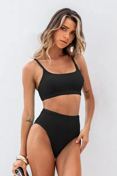 Cupshe Textured Black Scoop Neck Bikini Top & High-waisted Bottoms Set